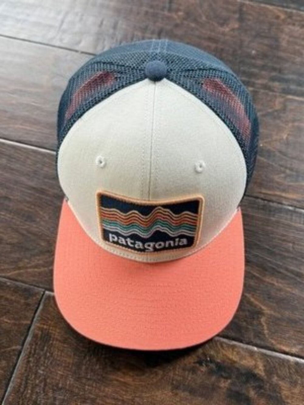 Patagonia Ridge Rise Stripe Trucker Hat Coral White Navy Mesh Snapback